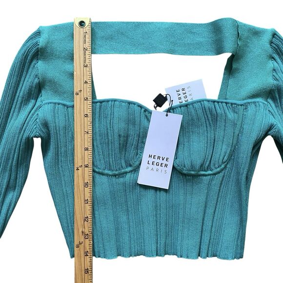 Harve Leger Ribbed Sweetheart Top M Green Long Sleeve Cropped Party Y2K $690 - Picture 4 of 12
